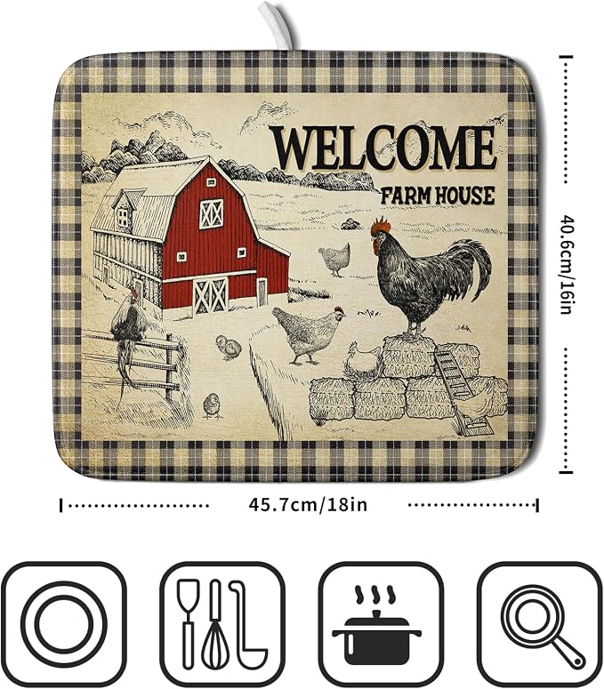 Farmhouse Rooster Dish Drying Mat 16x18 Inch Country Chicken Absorbent Dish - Image 2