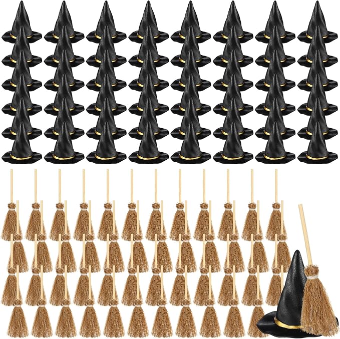 48 Pcs Mini Witch Hats and Broom by WinnerWhy