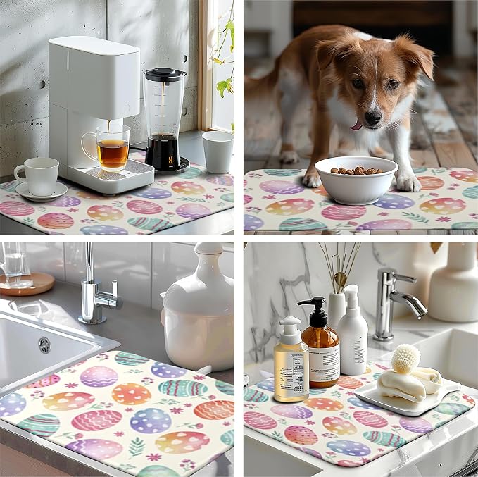 Easter Dish Drying Mat for Kitchen Counter Easter Spring Colorful Eggs Floral - Image 7