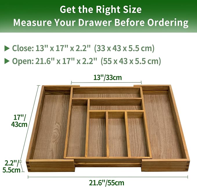 VaeFae Teak Drawer Organizer, Large Silverware Organizer, Expandable Utensil - Image 4