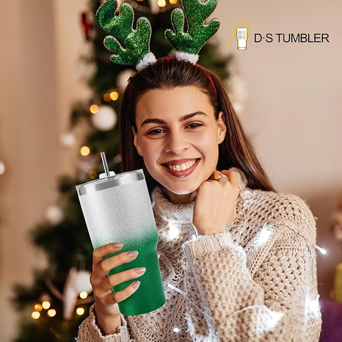 D·S 30 oz Tumbler Christmas Green Glitter Gradient Cup Stainless Steel Double - Image 7