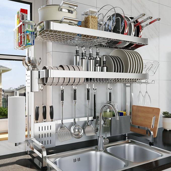 Over The Sink Dish Drying Rack, 3 Tier Adjustable Length Full Stainless Steel by LIVOD
