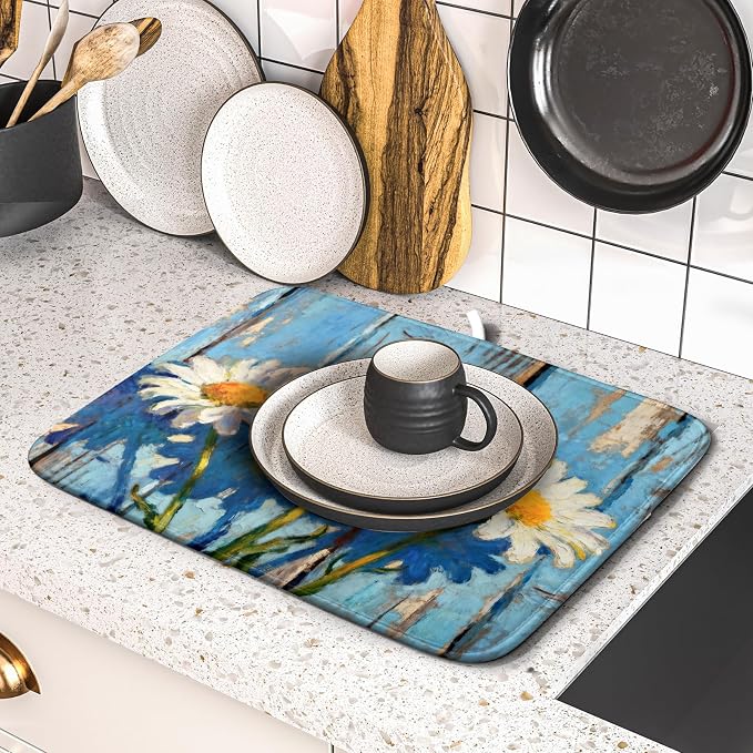 Daisy Floral Dish Drying Mat for Kitchen Counter 16x18 Spring Summer Theme - Image 5