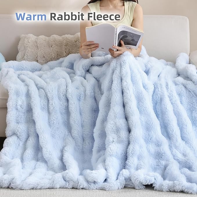Smoofy Faux Fur Throw Blanket for Couch Rabbit Fleece - Light Blue Fluffy Blanket for Sofa Bedroom Living Room, Cozy Soft Plush Luxury Thick Winter Fuzzy Comfy Bubble Blanket - 50" x 60"