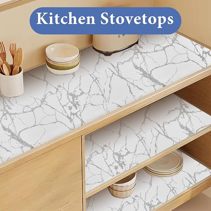 Drawer and Shelf Liner for Kitchen Cabinet: 17 in X 20 Ft Non Slip Waterproof Shelf Paper Non Adhesive Refrigerator Liners Silver Marble Easy Liners for Bathroom with Knife Tape Measure