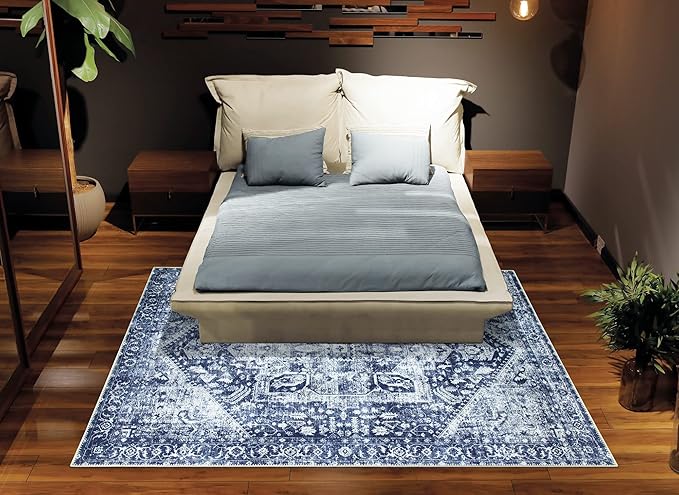 Bloom Rugs Washable Non-Slip 4' x 6' Rug - Blue/Ivory Traditional Area Rug for Living Room, Bedroom, Dining Room, and Kitchen - Exact Size: 4' x 6'