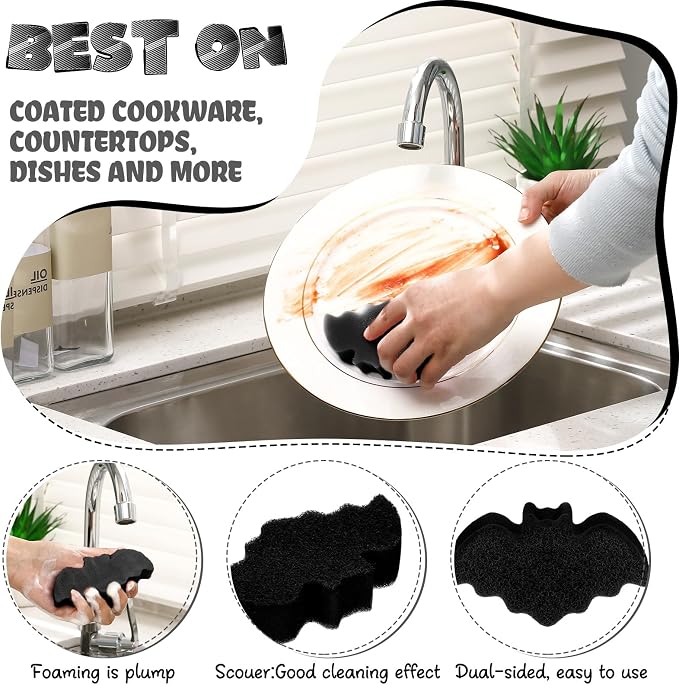 Tioncy 12 Pack Bat Sponges Kitchen Bulk Dual Sided Scrubber Gothic Sponges - Image 2