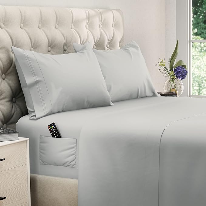 DREAMCARE King Size Sheets Set – 4 pcs Cooling Sheets – up to 21” Deep Pocket King Sheet Set – Hotel Luxury Sheets & Pillowcases – Superior Softness 100% Fine Microfiber with Side Pocket – Light Gray