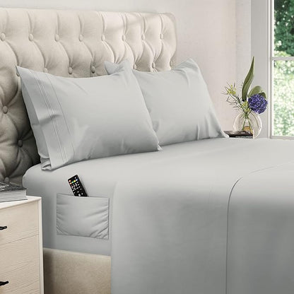 DREAMCARE King Size Sheets Set – 4 pcs Cooling Sheets – up to 21” Deep Pocket King Sheet Set – Hotel Luxury Sheets & Pillowcases – Superior Softness 100% Fine Microfiber with Side Pocket – Light Gray