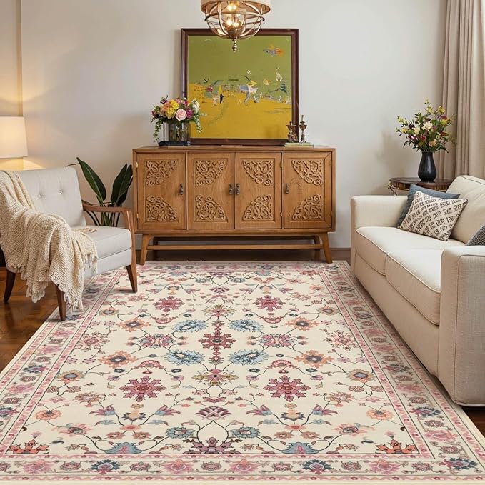 Pink Rug for Living Room Bedroom, Floral 4x6 Washable Rug, Vintage Boho Area Rug by Rugxara