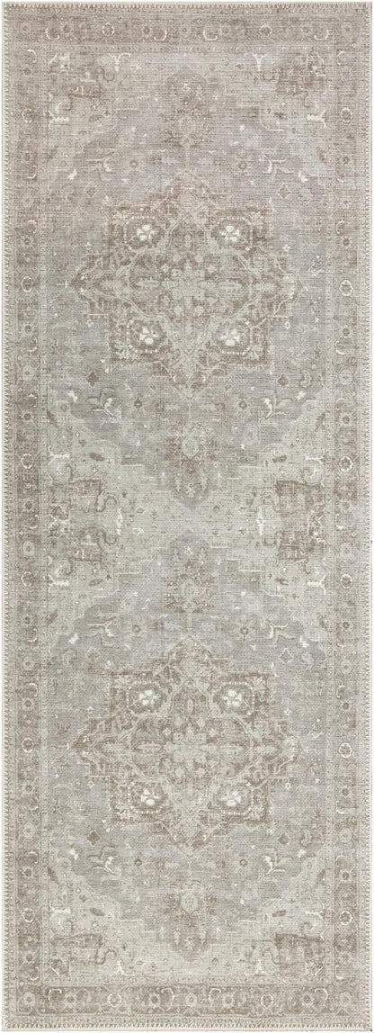 Bloom Rugs Washable Non-Slip 7 ft Runner - Beige/Gray Traditional Runner for Entryway, Hallway, Bathroom, and Kitchen - Exact Size: 2.5' x 7'
