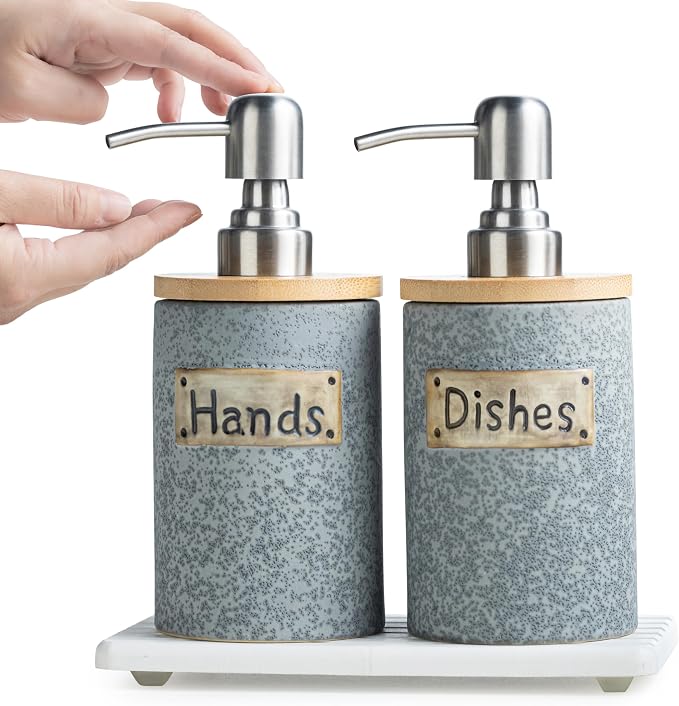 Hand and Dish Soap Dispenser Set, Ceramic Kitchen Soap Dispenser by YHOSSEUN