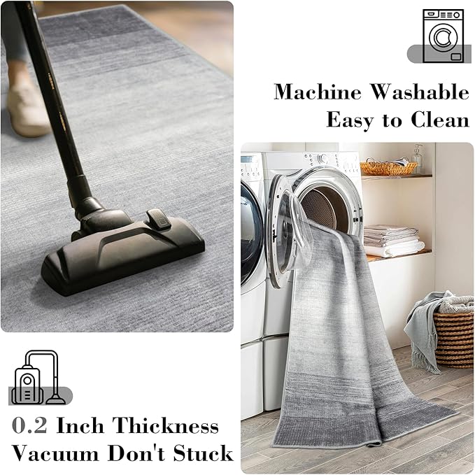 Wonnitar Modern Ombre 2x6 Hallway Runner Rug, Washable Grey Kitchen Rug Runner, Non-Slip Abstract Contemporary Laundry Room Carpet Runner Soft Low Pile Mat for Entryway Bathroom (Grey, 2'x6')