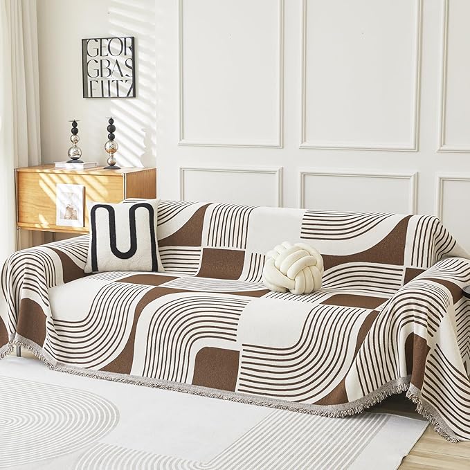Boho Couch Cover Sofa Covers Washable, Chenille Couch Covers for 3 Cushion Couch Sofa Pet Friendly, Bohemian Sofa Slipcovers for Sectional Sofa, Loveseat, 2 3 4 Seater (71" x 134", Coffee)