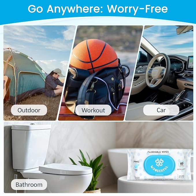 WONDERFUL Flushable Wipes, Unscented 100% Plant-Based Wet Butt Wipe - Image 7