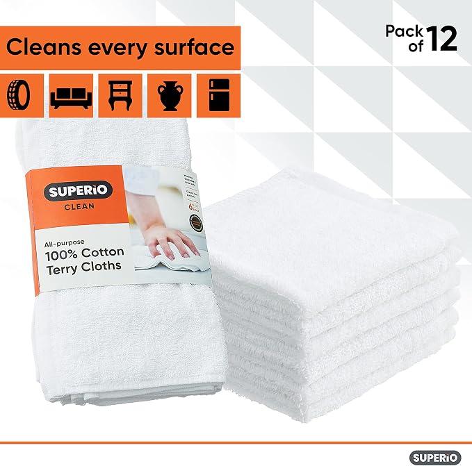 Superio White Washcloths 12 Pack Terry Cloth Rags 100% Cotton 12" Cleaning - Image 7