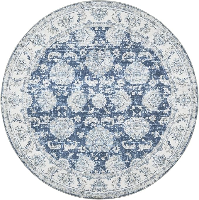 jinchan Fiora Round Rug 8ft Area Rug - Dark Blue Vintage Floor Mat Indoor Ultra-Thin Soft Floral Print - Washable Circle 8' Retro Accent for Farmhouse Non Slip Dining Room Living Room Bedroom Office