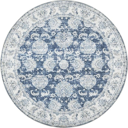 jinchan Fiora Round Rug 8ft Area Rug - Dark Blue Vintage Floor Mat Indoor Ultra-Thin Soft Floral Print - Washable Circle 8' Retro Accent for Farmhouse Non Slip Dining Room Living Room Bedroom Office