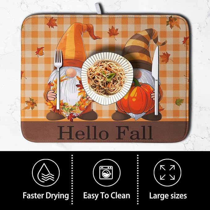Hello Fall Autumn Gnomes Dish Drying Mat 18x24 Thanksgiving Pumpkin Maple - Image 4