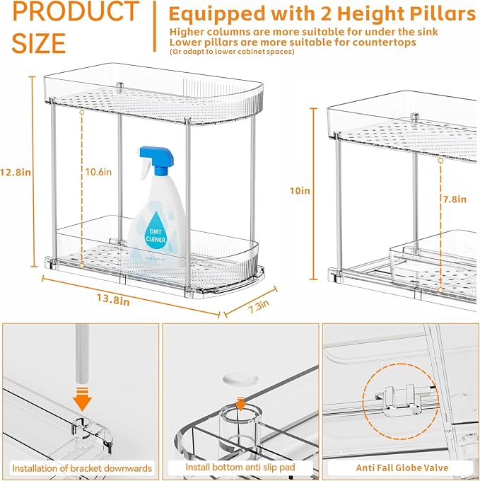 2 Pack Large Pull Out Bathroom Organizers and Storage, 2 Tier 12.8″ Tall - Image 3