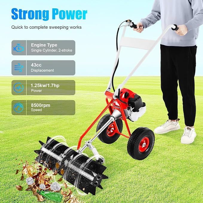 43CC Gas Powered Walk-Behind Outdoor Hand Push Sweeper, 1.7HP 2-Stroke Handheld - Image 2