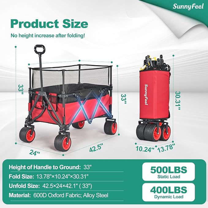 SUNNYFEEL Heavy Duty Collapsible Outdoor Utility Wagon Cart 500LB Capacity - Image 3