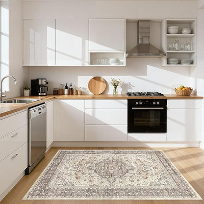 4x6 Area Rug Washable Rugs: Boho Large Neutral Vintage Soft Rugs Stain Resistant Farmhouse Non-Slip Indoor Floor Carpet for Bedroom Nursery Entryway Kids Playroom Office Dining Room Home Decor- Brown