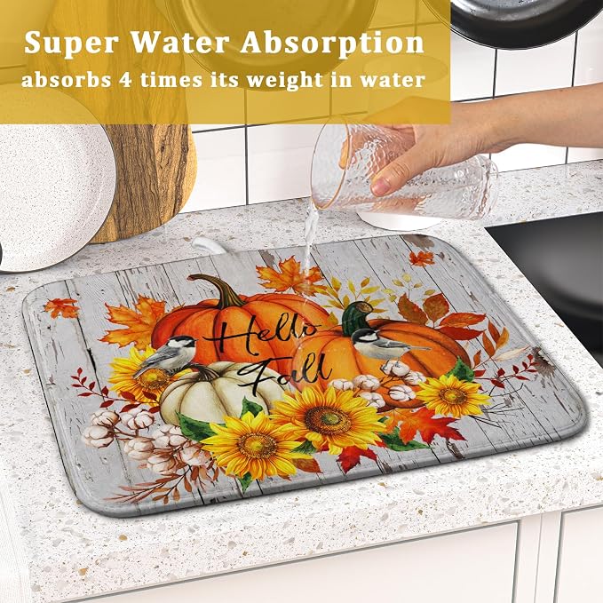 Hello Fall Dish Drying Mat for Kitchen Counter 16x18 Inch Orange Pumpkin - Image 7