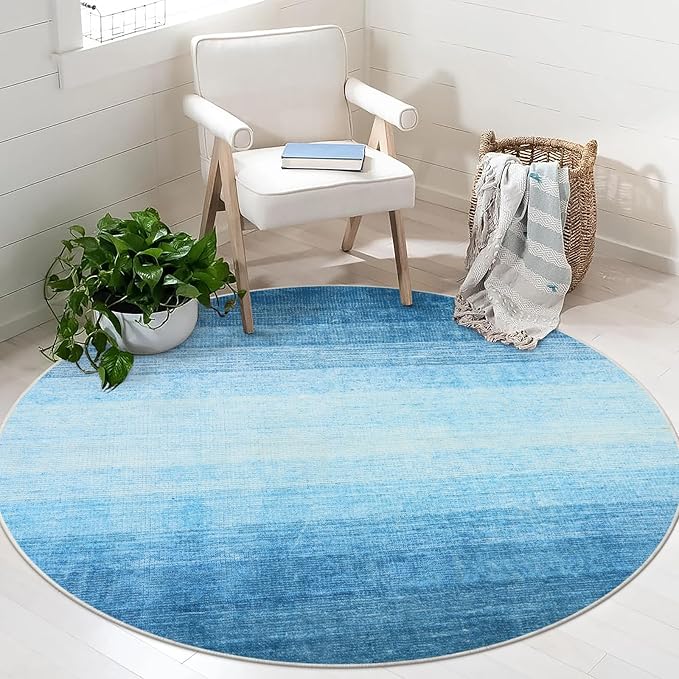 Wonnitar Modern Ombre Round Kids Rug 4ft, Washable Blue Bedroom Circle Area Rug, Non-Slip Soft Bathroom Throw Carpet, Non-Shedding Gradient Low Pile Kids Rugs for Bedside Entry (Blue, Round 4ft)