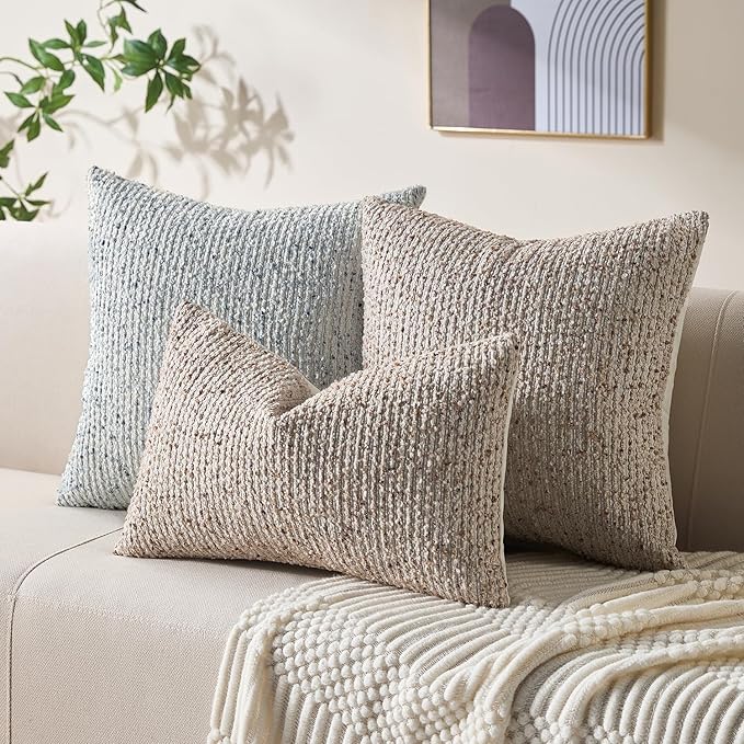 Decorative Couch Throw Pillow Covers 18x18 Set of 2 Beige Striped Soft Wool Pillow Covers Neutral Textured Boho Cushion Covers for Modern Farmhouse Sofa Bedroom Living Room Decor SY012-A18