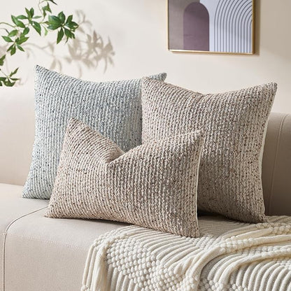 Decorative Couch Throw Pillow Covers 18x18 Set of 2 Beige Striped Soft Wool Pillow Covers Neutral Textured Boho Cushion Covers for Modern Farmhouse Sofa Bedroom Living Room Decor SY012-A18