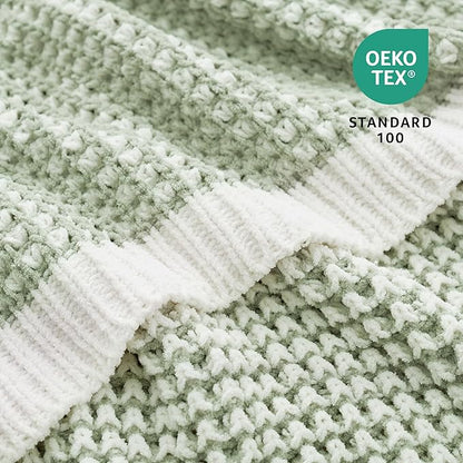 Amélie Home Waffle Chenille Throw Blanket for Couch, Pineapple Stitch Knit Soft Cozy Knit Blanket Decorative Throw for Sofa, Chair, 50"x60", Sage Green&Ivory