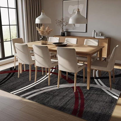 Rugshop Modern Wavy Circles Design Non-Shedding Area Rug, Carpet for Living Room or Dining Room, Grand Room,Open Spaces Red, 8'8" x 12'