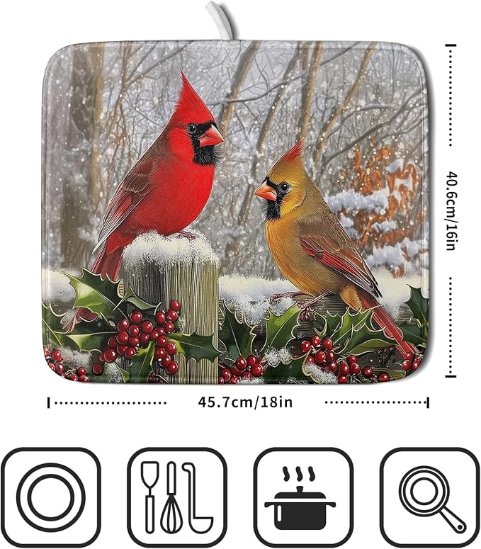 Winter Birds Dish Drying Mat Red Berry Dish Drainer Rack Mat Microfiber - Image 2
