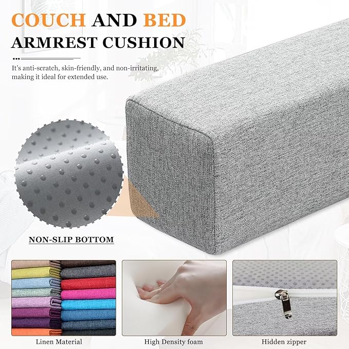 Couch Arm Rest Pillow, Linen Armrest Cushion, High Density Foam Armrest Cushion, Removable & Washable Rectangular Headboard Elbow Support for Armchair Sofa Bed,Beige-2pcs,5.9x5.9x19.7