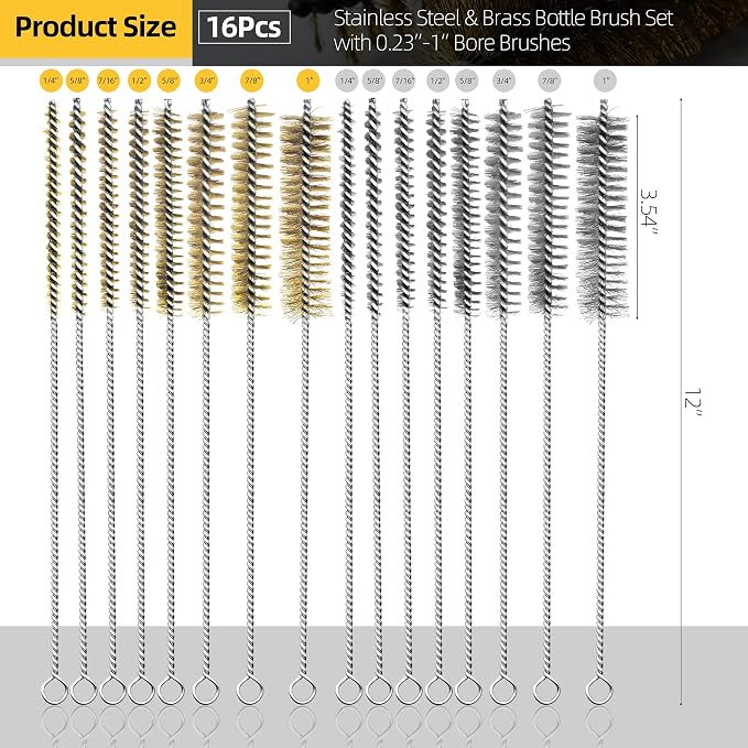 16Pcs Stainless Steel & Brass Wire Tube Brushes Bottle Brush Set, Narrow Spaces - Image 2