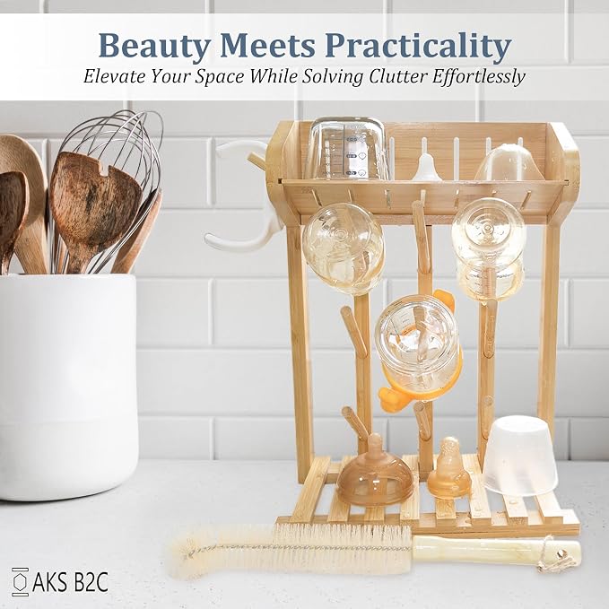 Bamboo Baby Bottle Drying Rack, Vertical Space Saving Kitchen Organizer - Image 5
