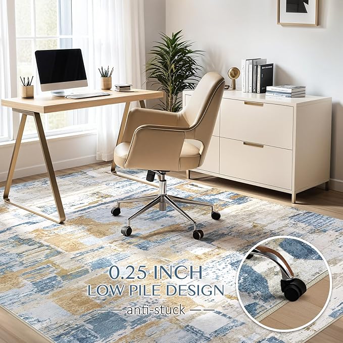 Abstract Living Room Rug 6x9 - Modern Washable Soft Thin Area Rug for Living Room Bedroom Under Dining Table - Neutral Indoor Floor Rug Carpets for Home Office Playroom Nursery - Blue Gold