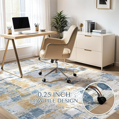 Abstract Living Room Rug 6x9 - Modern Washable Soft Thin Area Rug for Living Room Bedroom Under Dining Table - Neutral Indoor Floor Rug Carpets for Home Office Playroom Nursery - Blue Gold