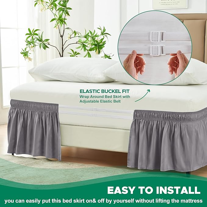 Biscaynebay Wrap Around Bed Skirts for Queen Beds 14" Drop, Silver Grey Adjustable Elastic Dust Ruffles Easy Fit Wrinkle Resistant Silky Luxurious Fabric Machine Washable