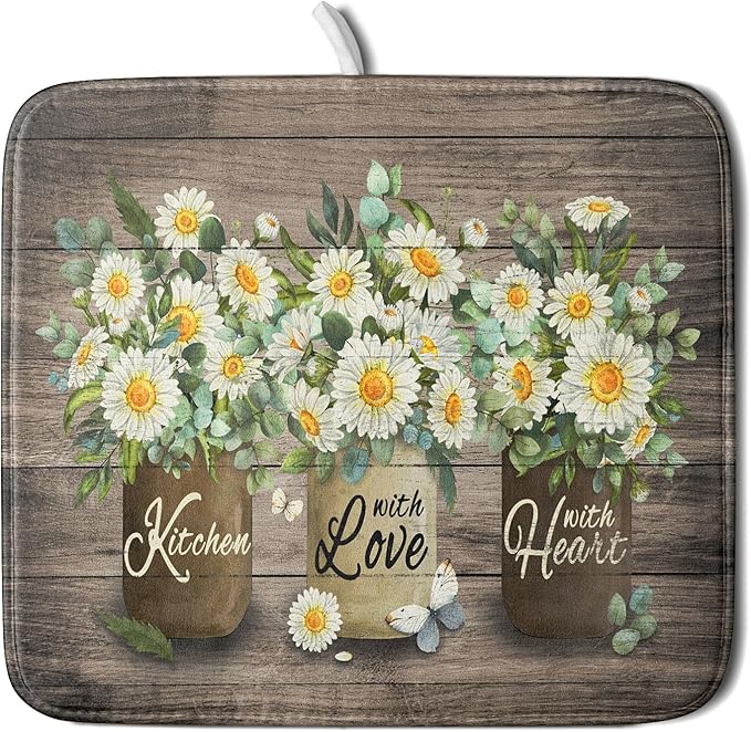 Flower Vase Dish Drying Mats 16x18 Inch Rustic Wood Reversible Microfiber by Giwawa