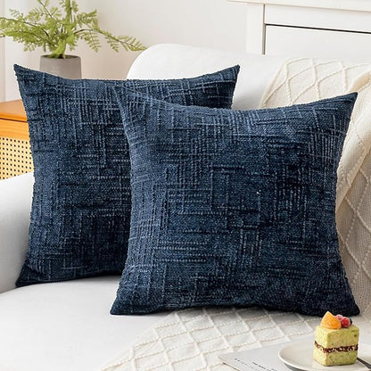 Decorative Throw Pillow Covers 20x20 Inch Set of 2, Soft Solid Farmhouse Chenille Couch Pillows, Spring Pillow Covers for Couch Sofa Bed Living Room Home Decor Pillowcase, Dark Blue
