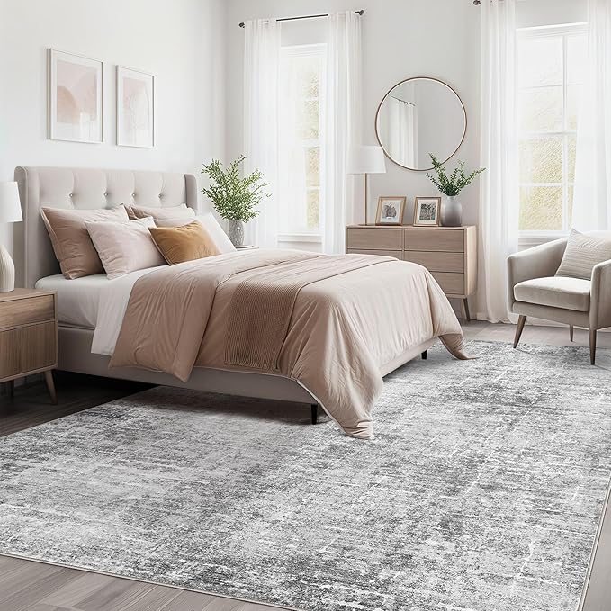 Abstract Living Room Rug 10x12 - Modern Washable Soft Thin Area Rug for Living Room Bedroom Under Dining Table - Neutral Indoor Floor Rug Carpets for Home Office Playroom Nursery - Grey White