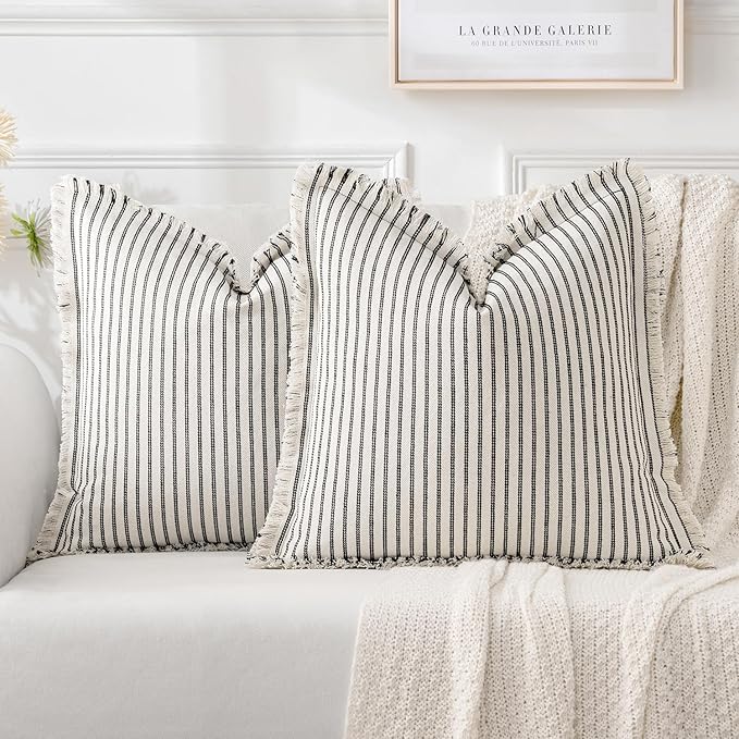 MIULEE Pack of 2 Black Pillow Covers 24x24 Inch Striped Farmhouse Couch Throw Pillow Covers with Fringe Chic Linen Decorative Cushion Eruo Sham for Sofa Living Room Bed Outdoor Home Decor