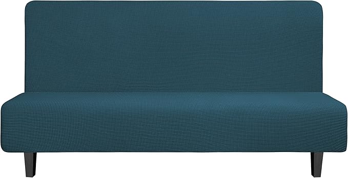 Easy-Going Stretch Futon Slipcover Armless Futon Bed Cover Furniture Protector Without Armrests with Elastic Bottom for Kids, Soft Jacquard Fabric Small Checks (Large, Deep Teal)