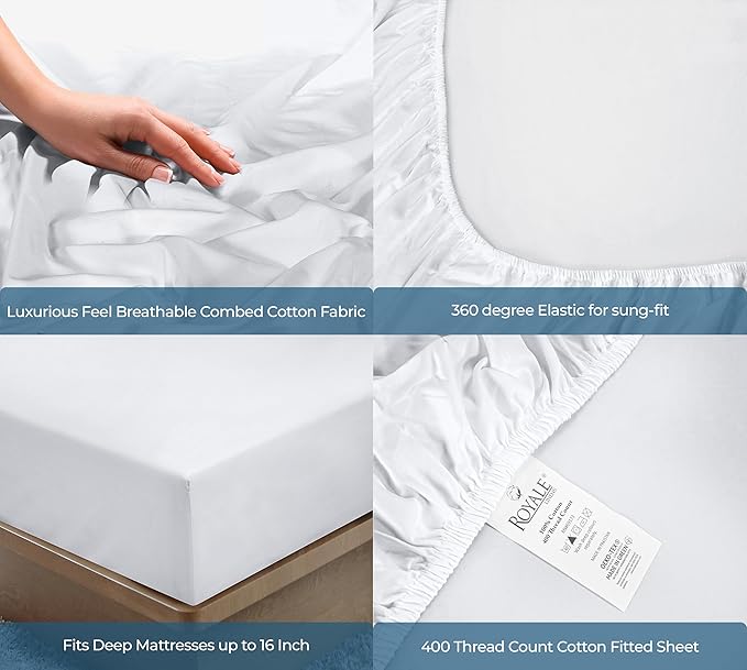 Royale Linen 400 Thread Count 100% American Grown Cotton Fitted Sheet Twin Size - All Around Elastic Fitted Sheet - Luxury Sateen Weave - Snug Fit Bottom Sheet Fit Up to 16" (Twin, Signature White)