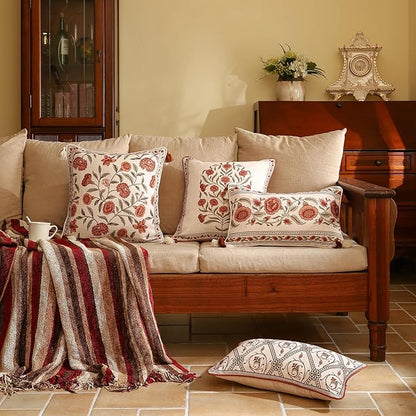 ISAENNE Design Linen Square Vintage Throw Pillow Covers 18"x18" Pack of 2, Brick Red Cushion Covers with Orange Floral Green Leaves Pattern Decoration Pillowcases for Bed,Living Room,Outdoor,Car