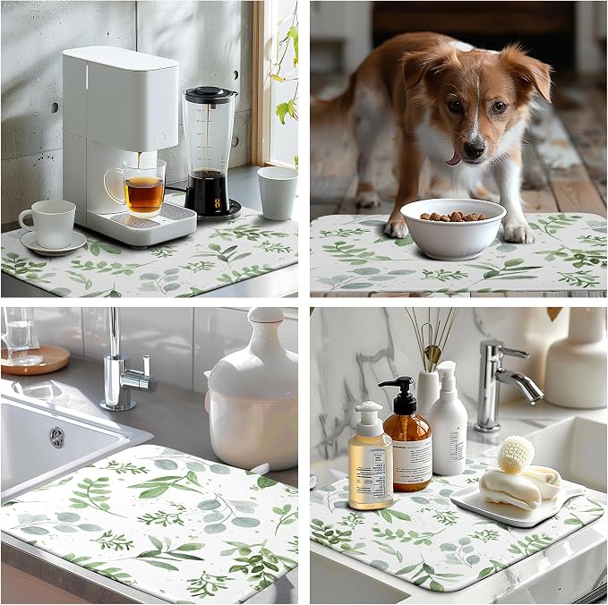 Summer Sage Green Leaves Dish Drying Mat Spring Eucalyptus Leaf Kitchen Dish - Image 7