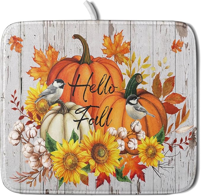 Hello Fall Dish Drying Mat for Kitchen Counter 16x18 Inch Orange Pumpkin by Giwawa