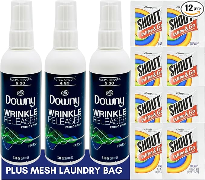 Downy Wrinkle Releaser Spray Travel Size 3 oz, 8 Shout Wipes Individually by Unknown